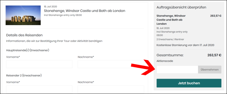 Gib deinen Code in dieses Feld ein Deinen Viator Gutschein kannst du einfach im Warenkorb eingeben
