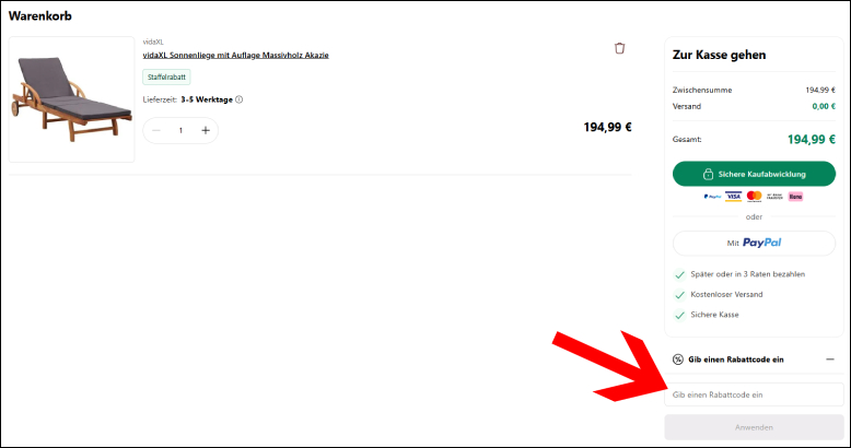 Rabatt Code im Warenkorb eingeben Den Vida XL Rabatt im Warenkorb aktivieren