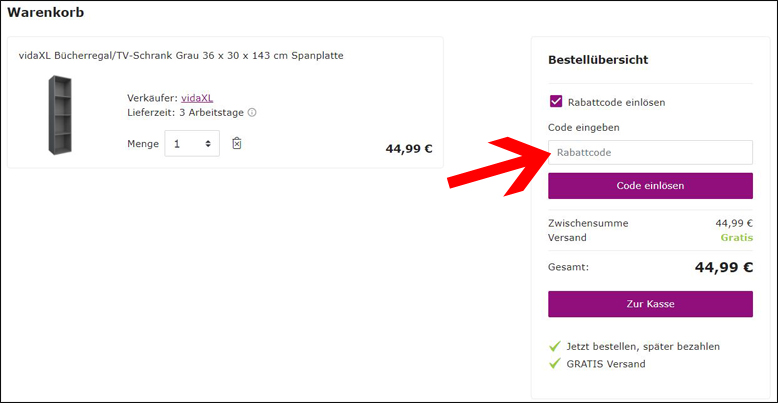 Gutscheincode hier eintragen VidaXL Rabatt Code einlösen