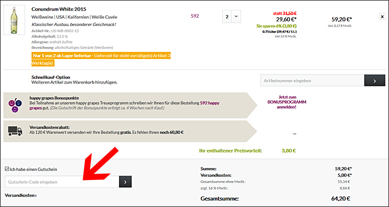 Den Vinexus Gutscheincode im Warenkorb einlösen Ein Vinexus Gutschein wird im Warenkorb eingelöst