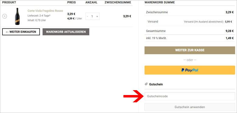 Gutscheincode hier eingeben Vinoamano Gutschein im Warenkorb einlösen
