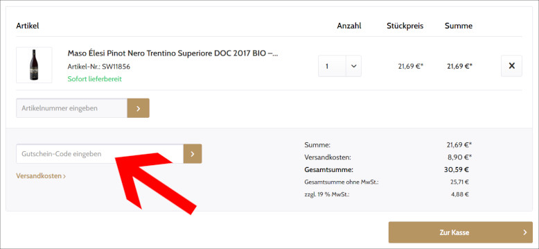 Deinen Vinusta Gutscheincode kannst du direkt im Warenkorb eingeben Den Vinusta Gutschein im Warenkorb einlösen