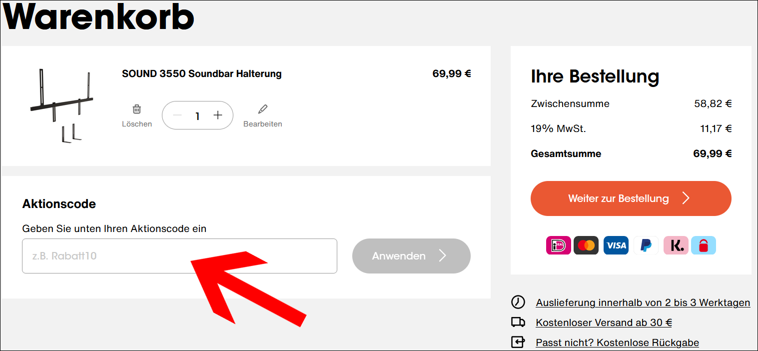 Aktionscode im Warenkorb eingeben Vogel's Rabatt Code im Warenkorb einlösen