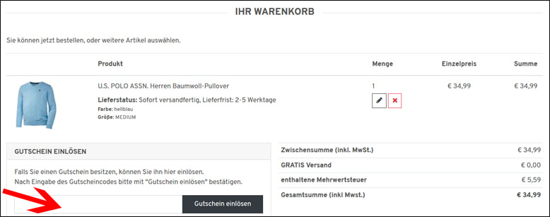 Gutschein hier einlösen Vorteilshop Gutschein im Warenkorb einlösen