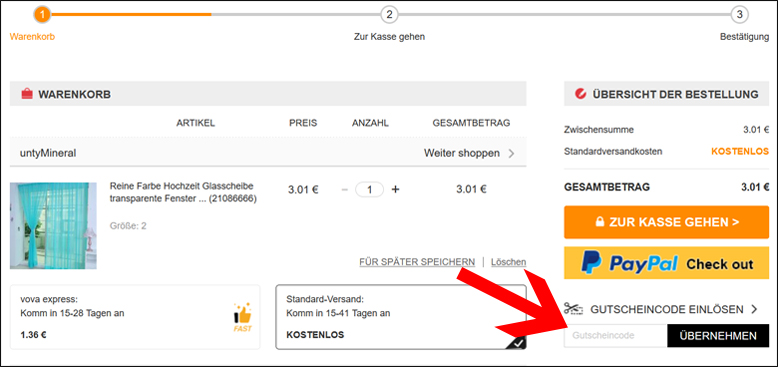 Den Vova Gutscheincode in das Gutscheinfeld eingeben Den Vova Gutschein im Warenkorb einloesen
