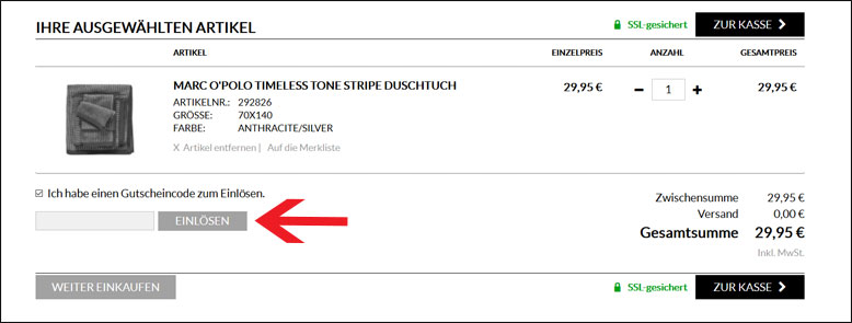 Gutscheincode im Warenkorb angeben Ambiendo Gutschein kann im Warenkorb eingelöst werden