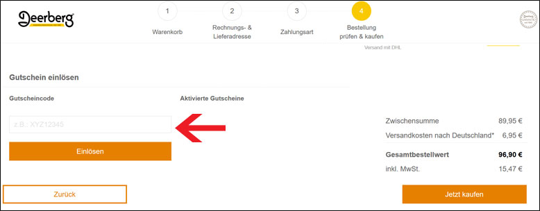Gutscheincode im letzten Bestellschritt angeben Deerberg Gutschein im vierten Bestellschritt einlösen