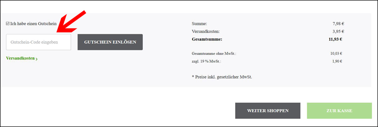 Gutscheincode im Warenkorb aktivieren Jean&Len Gutschein im Warenkorb einlösen