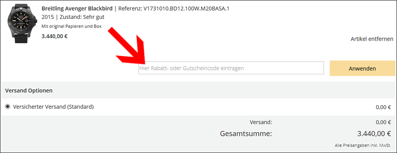 Gib deinen Gutscheincode im Warenkorb an Ein Watchmaster Gutschein wird im Warenkorb eingefügt