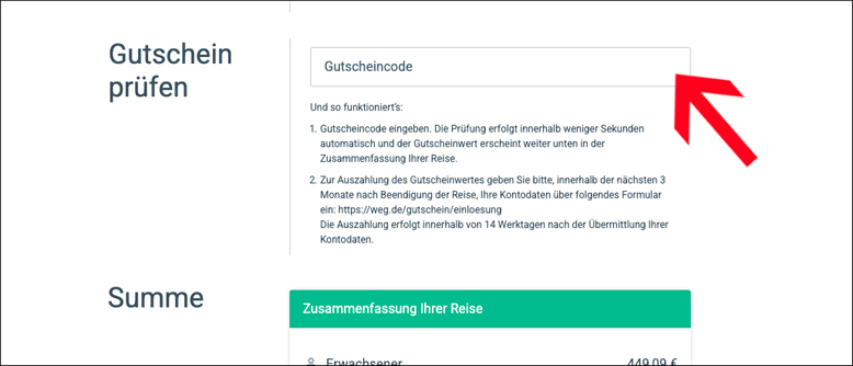 Gutscheincode hier eingeben weg.de Gutschein im Buchungsprozess einlösen