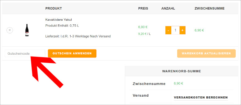 Deinen Weinatolien Gutscheincode nutzt du im Warenkorb Den Weinatolien Gutschein im Warenkorb einlösen