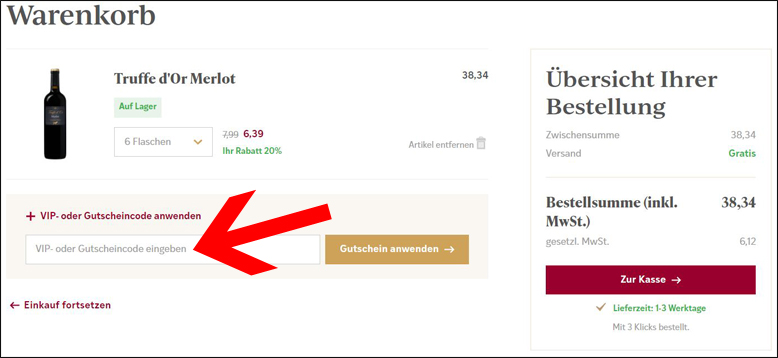 Rabattcode hier eingeben Weinbörse Gutschein im Warenkorb einlösen