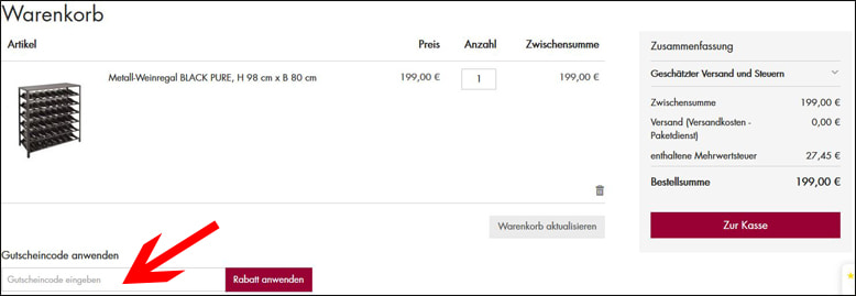 Hier den Gutscheincode eintragen Den Weinregal Profi Gutschein im Warenkorb einlösen