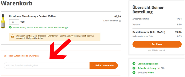 Weinvorteil Gutscheincode im passenden Feld eingeben Im Warenkorb den Weinvorteil Gutschein einlösen