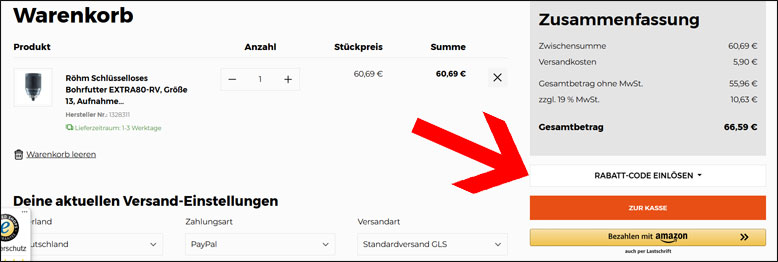 Code im Warenkorb eingeben Den Werkzeugstore24 Gutschein im Warenkorb nutzen