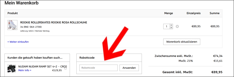 Gutschein einlösen Der Wheelz4Kids Rabattcode wird im Warenkorb eingelöst