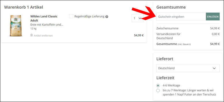 Gutscheincode eingeben Wildes Land Gutschein im Warenkorb einlösen