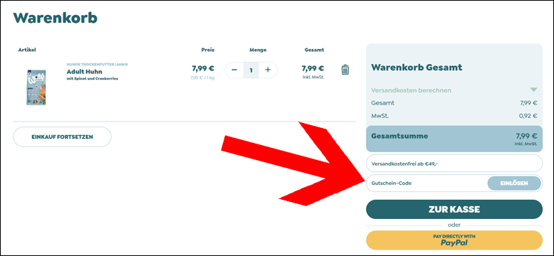 Code im Warenkorb einlösen WOW Hundefutter Rabattcode im Warenkorb einlösen