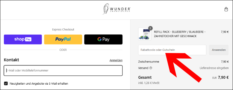 Rabatt an der Kasse aktivieren Den Wunder Zahnstocher Rabattcode an der Kasse einlösen