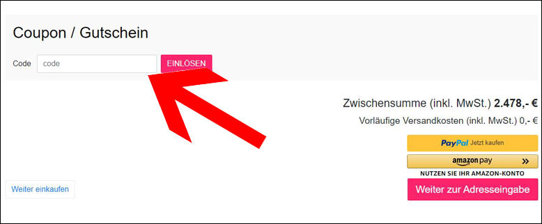 Rabattcode im Warenkorb eingeben XXL-Deals Gutschein in Warenkorb einlösen