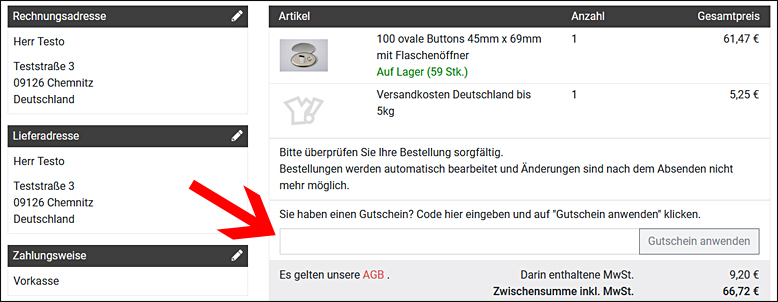 Der YOW Gutscheincode wird an dieser Stelle eingegeben Der YOW Gutschein wird im Bestellschritt 'Bestellung überprüfen' eingegeben