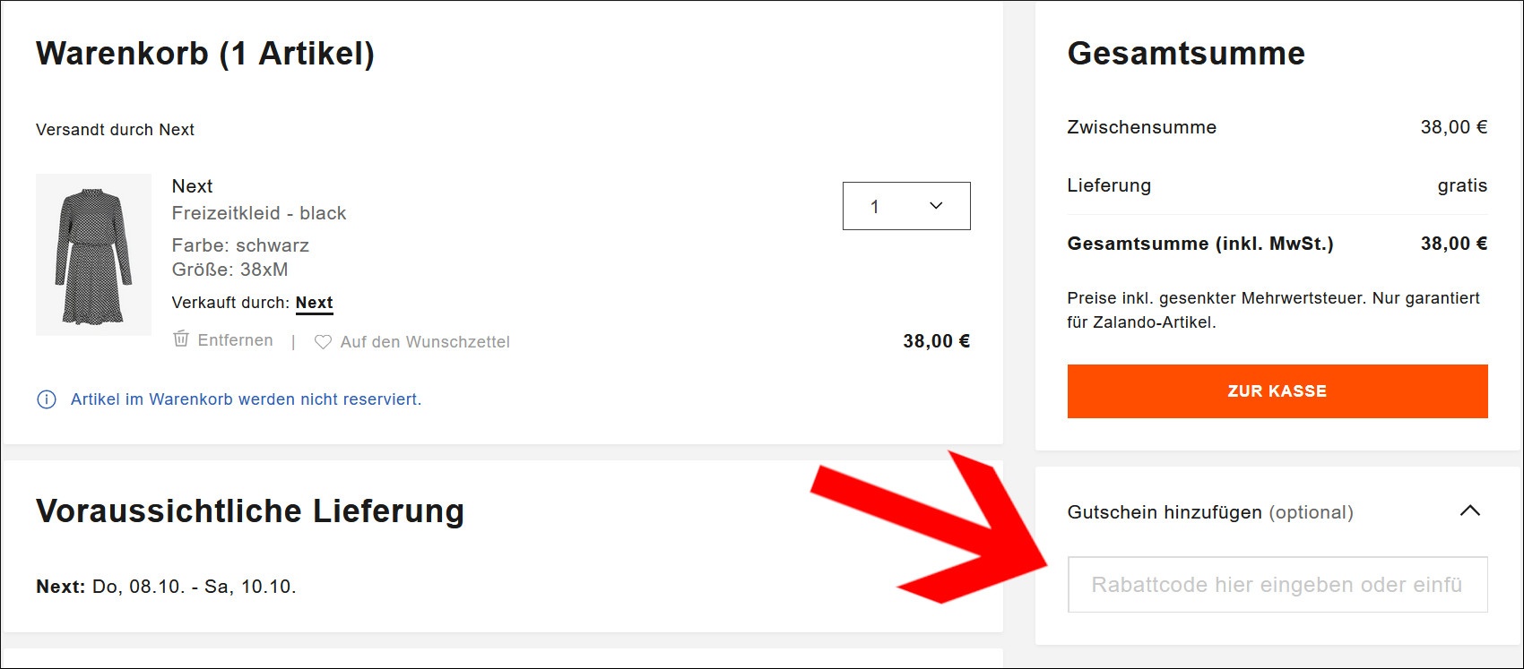 Ein Zalando Gutscheincode wird im Warenkorb eingelöst Ein Zalando Gutschein wird im Warenkorb eingegeben