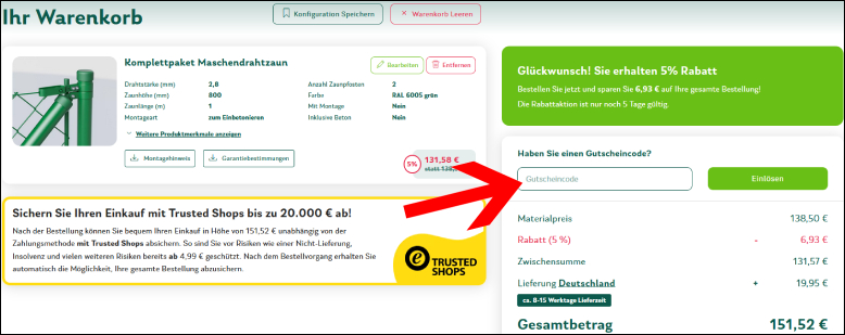 Gutscheincode im Warenkorb einlösen Zaun-Idee Rabattcode im Warenkorb einlösen