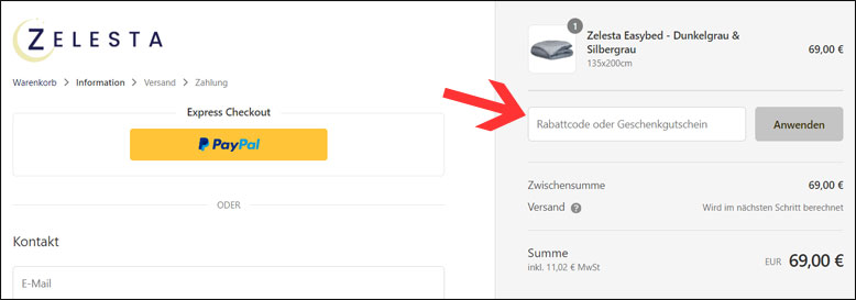 Code an der Kasse eingeben Zelesta Rabattcode an der Kass einfügen