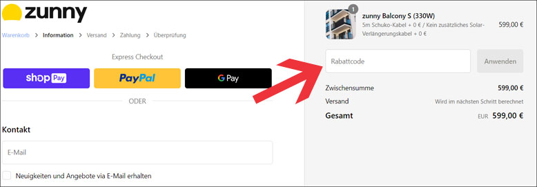 Den Gutschein im Bestellverlauf einlösen Den zunny Gutschein im zweiten Bestellschritt einlösen