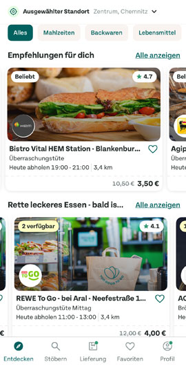 Übersicht in der Too Good To Go App Too Good To Go App - Übersicht